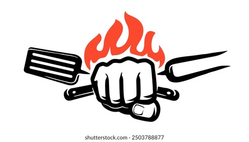 Barbecue fork and spatula in hand. Bbq grill logo and emblem. Symbol vector illustration for restaurant menu