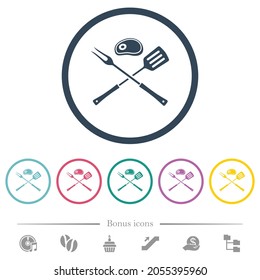 Barbecue fork and spatula with steak flat color icons in round outlines. 6 bonus icons included.