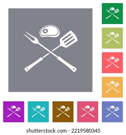 Barbecue fork and spatula with steak flat icons on simple color square backgrounds