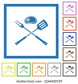 Barbecue fork and spatula with steak flat color icons in square frames on white background