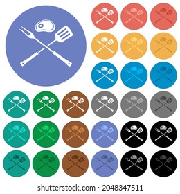 Barbecue fork and spatula with steak multi colored flat icons on round backgrounds. Included white, light and dark icon variations for hover and active status effects, and bonus shades.