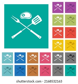 Barbecue fork and spatula with steak multi colored flat icons on plain square backgrounds. Included white and darker icon variations for hover or active effects.