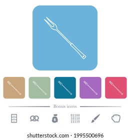 Iconos planos de horquilla de barbacoa blancos sobre fondo cuadrado redondeado de color. 6 iconos de bonificación incluidos