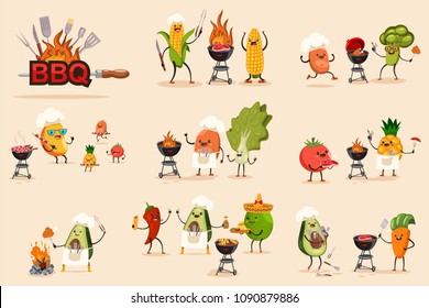 Barbecue fruit and vegetable vector set for bbq party and picnic. Cute cartoon character of avocado, mango, corn, potato, tomato, pineapple, chilli and carrot on summer vacation isolated on background