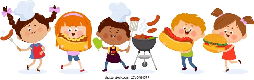 Barbecue fun with children with bbq grill, boys and girls eating hamburgers and hot dogs, kid with cooking apron cooking food. Happy little children friends eat food. People eat delicious roasted food. Vector illustration