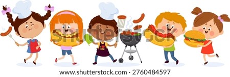 Barbecue fun with children with bbq grill, boys and girls eating hamburgers and hot dogs, kid with cooking apron cooking food. Happy little children friends eat food. People eat delicious roasted food. Vector illustration