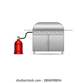 Barbecue Gas Grill With Gas Cylinder Isolated On White Background, Bbq Device For Cooking Food Outdoors, Clipart Realistic 3d Vector Illustration