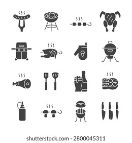 Barbecue glyph icon set. Vector graphics of meat, grill equipment and cooking tools for summer party, picnic and outdoor kitchen.
