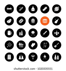 Barbecue glyph icons set. BBQ. Barbeque grills, food, drinks, kitchen utensils. Vector white silhouettes illustrations in black circles