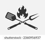 Barbecue graphic icon. Crossed barbecue tools and flame sign isolated on white background. Vector illustration