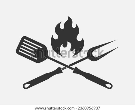 Barbecue graphic icon. Crossed barbecue tools and flame sign isolated on white background. Vector illustration