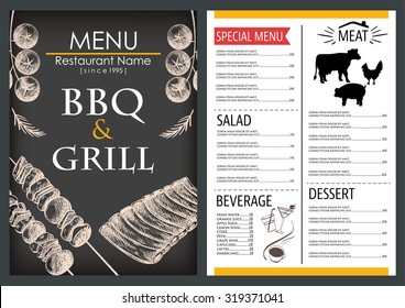  barbecue griil meat food and drink menu restaurant  brochure. drawing retro design template ,vector illustration