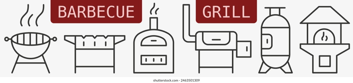 Barbecue grill. Appliances for grills. Everything for the grill thin line icons. Grill vector icons. EPS 10.