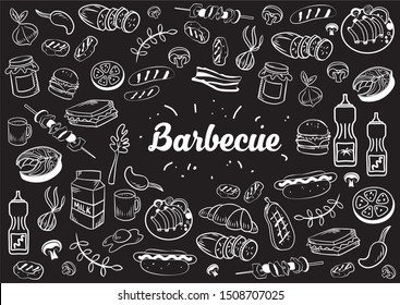 Barbecue and grill banner with food sketches on Board. Drawn barbecue elements around the text. Grill time. Roast meat, grill, mushroom, steak burgers. Food. Collection of kitchen elements. Bbq vector