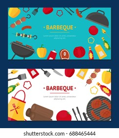 Barbecue and Grill Banner Horizontal Set for Home Party or Restaurant. Products and Kitchen Tools Flat Design Style Vector illustration