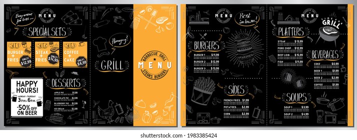 Barbecue grill bar menu template - A3 to A4 card (burgers, sides, grill, desserts, sets)
