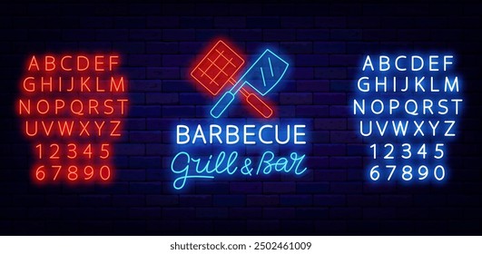 Barbecue Grill Bar neon label. Butcher axe and grill grate. Steak house. Grill party invitation. Glowing blue and red alphabet Catering design. Editable stroke. Vector stock illustration