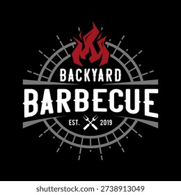 Barbecue grill bbq logo with fork and fire. Barbeque restaurant vector template.