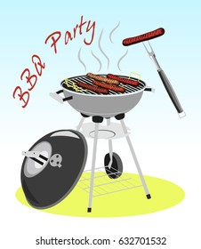 Barbecue, grill. BBQ party. Barbecue elements, sausages. Hand drawn vector illustration.