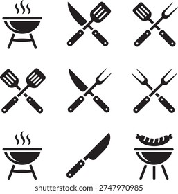 Barbecue Grill and BBQ Tools Icon Set Black and White Collection