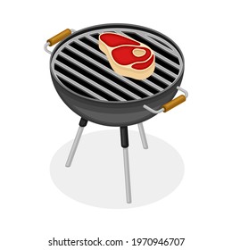 Barbecue Grill with Beef Steak Roasting on It as Picnic Isometric Vector Illustration