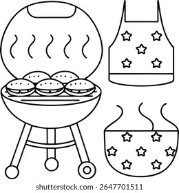 Barbecue Grill with Burgers and Aprons featuring Star Decorations, perfect for summer cookouts and celebrations of American holidays