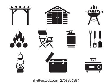Barbecue grill, campfire, shed, propane tank, chairs, lantern, cooler, woodpile, cooking tools.