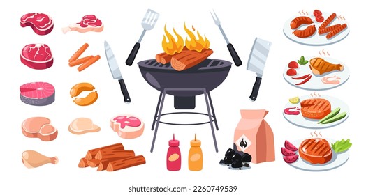 Parrilla barbacoa. Elementos de barbacoa de dibujos animados, brochetas de carbón más brasas salchichas carne de carne, equipo de picnic para preparar comida. Colección plana vectorial de bbq picnico e ilustración de parrilla