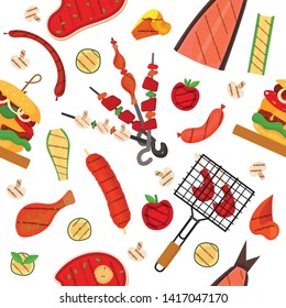 Barbecue grill cartoon elements pattern. Cookout BBQ background for party BBQ invitation, menu, poster design. Backdrop with tool, cutlery, street food for flyer, menu, poster, party invitation design