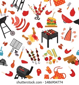 Barbecue grill cartoon elements pattern. Cookout BBQ background for party BBQ invitation, menu, poster design. Backdrop with tool, cutlery, street food for flyer, menu, poster, party invitation design