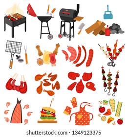 Barbecue grill cartoon elements set on white background. Cookout BBQ party. Set of barbecue charcoal kettle grill with tools and foods. Bbq tools set. Barbecue grill isolated elements. Vector image