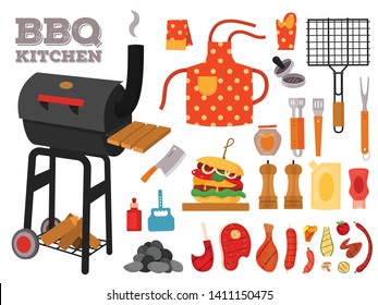 Barbecue grill cartoon elements set. Cookout BBQ icons, party BBQ objects. Set with tools, cutlery, street food. Barbecue grill kitchen vector elements for flyer, menu, poster, party invitation design