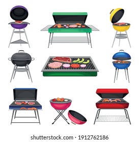 Barbecue Grill with Charcoal Kettle and Square Grill with Food Cooking on It Vector Set