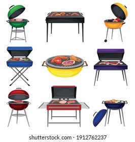 Barbecue Grill with Charcoal Kettle and Square Grill with Food Cooking on It Vector Set