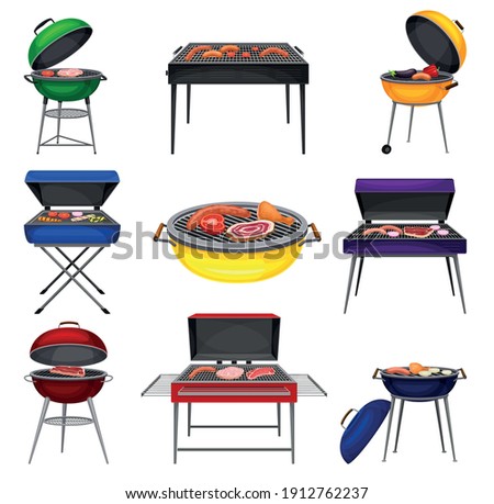 Barbecue Grill with Charcoal Kettle and Square Grill with Food Cooking on It Vector Set