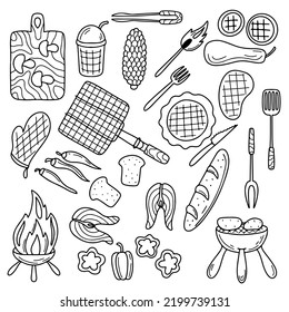 Barbecue grill collection in hand drawn doodle style. BBQ set. Vector Illustration. Barbecue party elements.