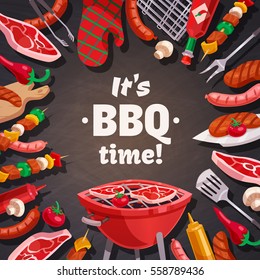 Barbecue grill composition with brazier meat and vegetable skewers pot holder and flatware images with text vector illustration