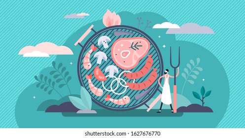 Barbecue grill concept, flat tiny chef person vector illustration. Steak, sausages and seafood shrimps. BBQ garden party culture or restaurant menu food items. Cooking skills and nutrition knowledge.