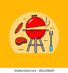 Barbecue grill concept vector illustration with steak and sausage. Linear color barbecue icon. 