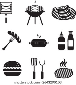 Barbecue grill and cooking icon set in black vector silhouette style for kitchen and restaurant design