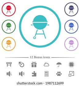 Barbecue grill with cover flat color icons in circle shape outlines. 12 bonus icons included.