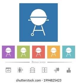 Barbecue grill with cover flat white icons in square backgrounds. 6 bonus icons included.