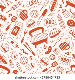 Barbecue Grill Doodle Seamless Pattern. Hand drawn BBQ cookout backdrop with burger, sausage, skewer, corn, utensils and picnic icons. Vector illustration