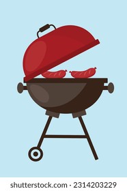Barbecue grill elements isolated on light background. BBQ party poster. Meat restaurant at home. Charcoal kettle with tool, sauce and foods. Kitchen equipment for menu. Cooking outdoors.Vector 