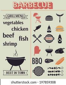 Barbecue grill elements. Grill menu. BBQ icons. Vector set, EPS 8.