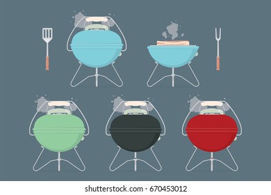 Barbecue / grill elements  for restaurant menu or weekend outdoor lunch or picnic. Retro color flat design vector illustration. Steak on grill.