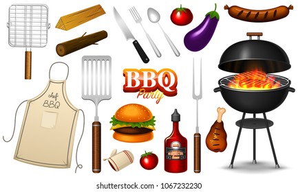 Barbecue grill elements set isolated on red background. BBQ party. Summer time. Meat restaurant at home. Charcoal kettle with tools, sauce and foods. Kitchen equipment for menu. Cooking outdoors.