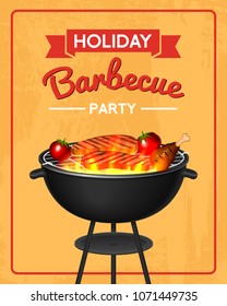 Barbecue grill elements set isolated on red background. BBQ party poster. Summer time. Meat restaurant at home. Charcoal kettle with tool, sauce and foods. Kitchen equipment for menu. Cooking outdoors