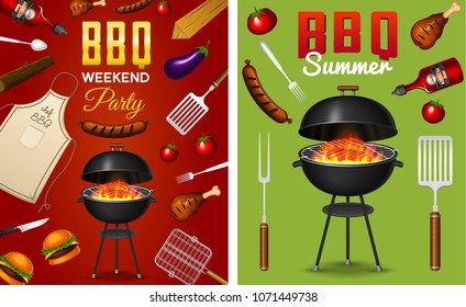 Barbecue grill elements set isolated on red background. BBQ party poster. Summer time. Meat restaurant at home. Charcoal kettle with tool, sauce and foods. Kitchen equipment for menu. Cooking outdoors