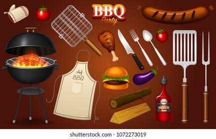 Barbecue grill elements set isolated on red background. BBQ party. Summer time. Meat restaurant at home. Charcoal kettle with tools, sauce and foods. Kitchen equipment for menu. Cooking outdoors.